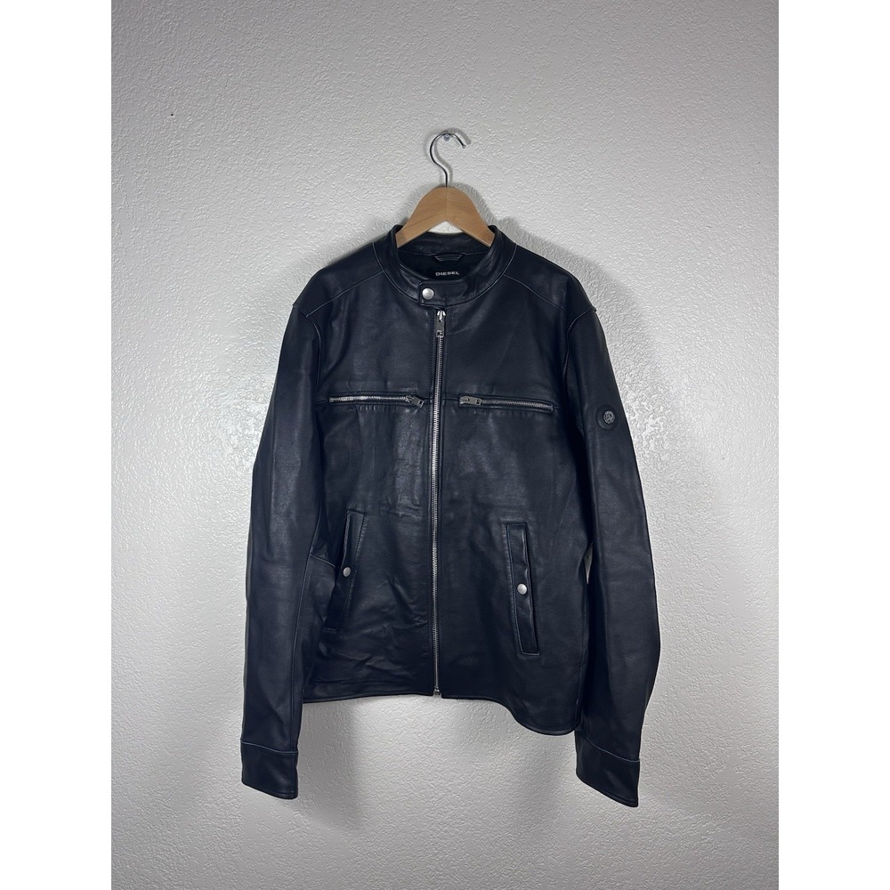 Diesel Leather Cafe Racer Jacket Black Sheepskin Moto Biker Jacket Men's Size XL